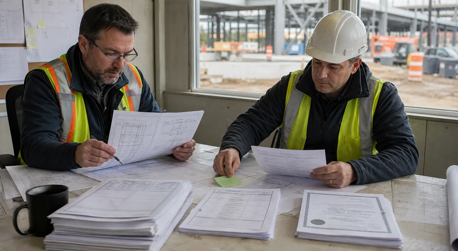 Coordonnateur et surintendant vérifiant un dessin d'atelier, une fiche technique et un certificat de matière dans un bureau de chantier
