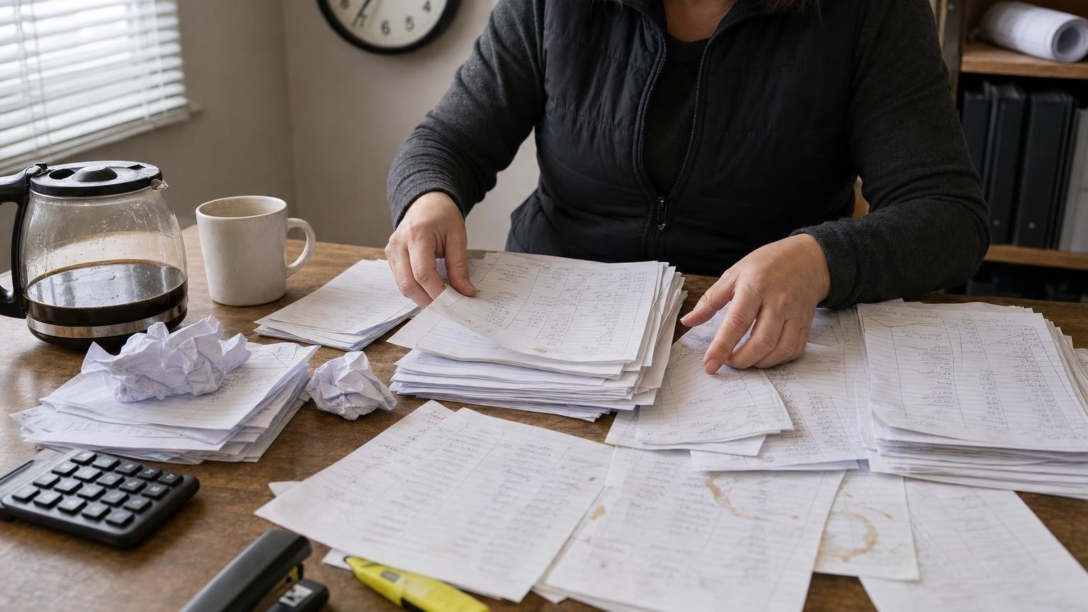 Mains d'une personne qui trie des feuilles de temps papier sur un bureau encombré, avec une cafetière, une calculatrice et une horloge