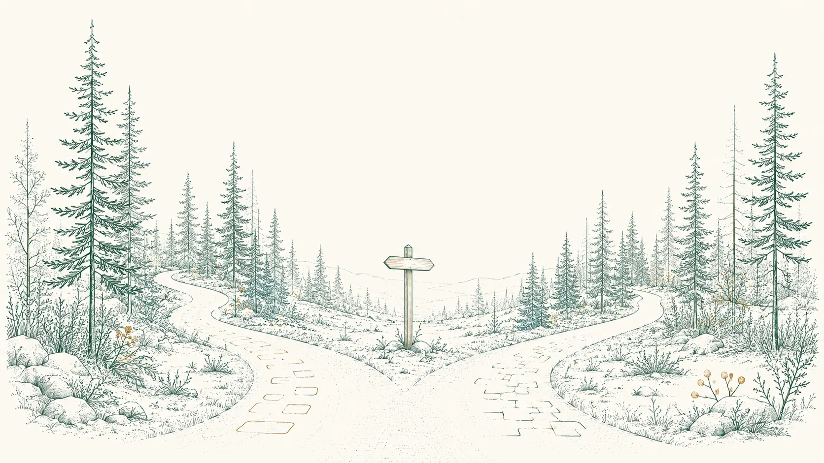 Illustration au trait d'une fourche dans un sentier de forêt boréale avec un poteau indicateur : le chemin de gauche est pavé de cartes kanban (monday.com), celui de droite de blocs interconnectés (Odoo).