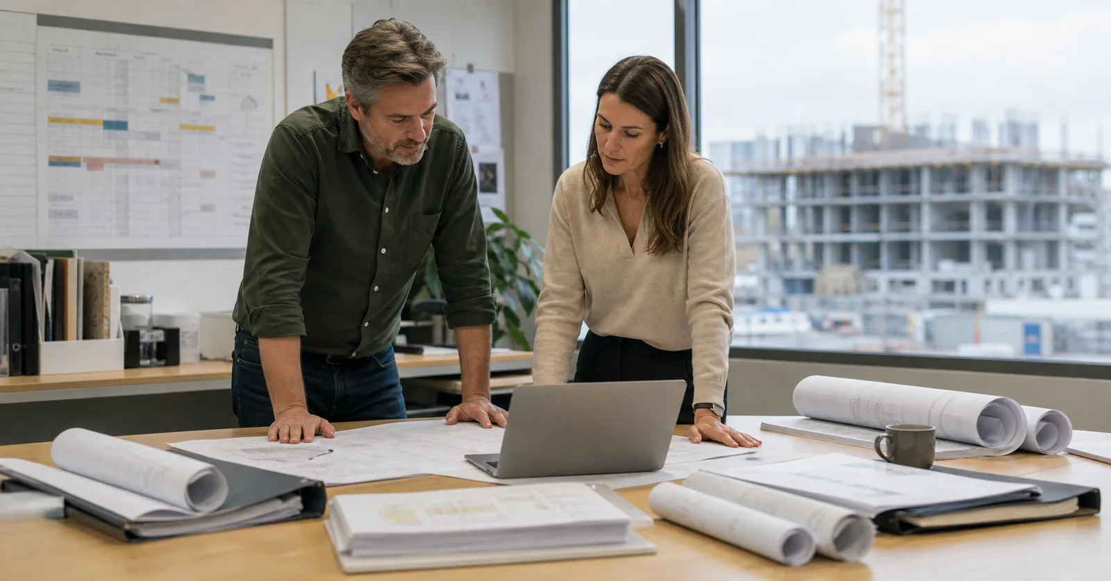 Real estate director and project manager comparing schedules across several construction projects in a project office