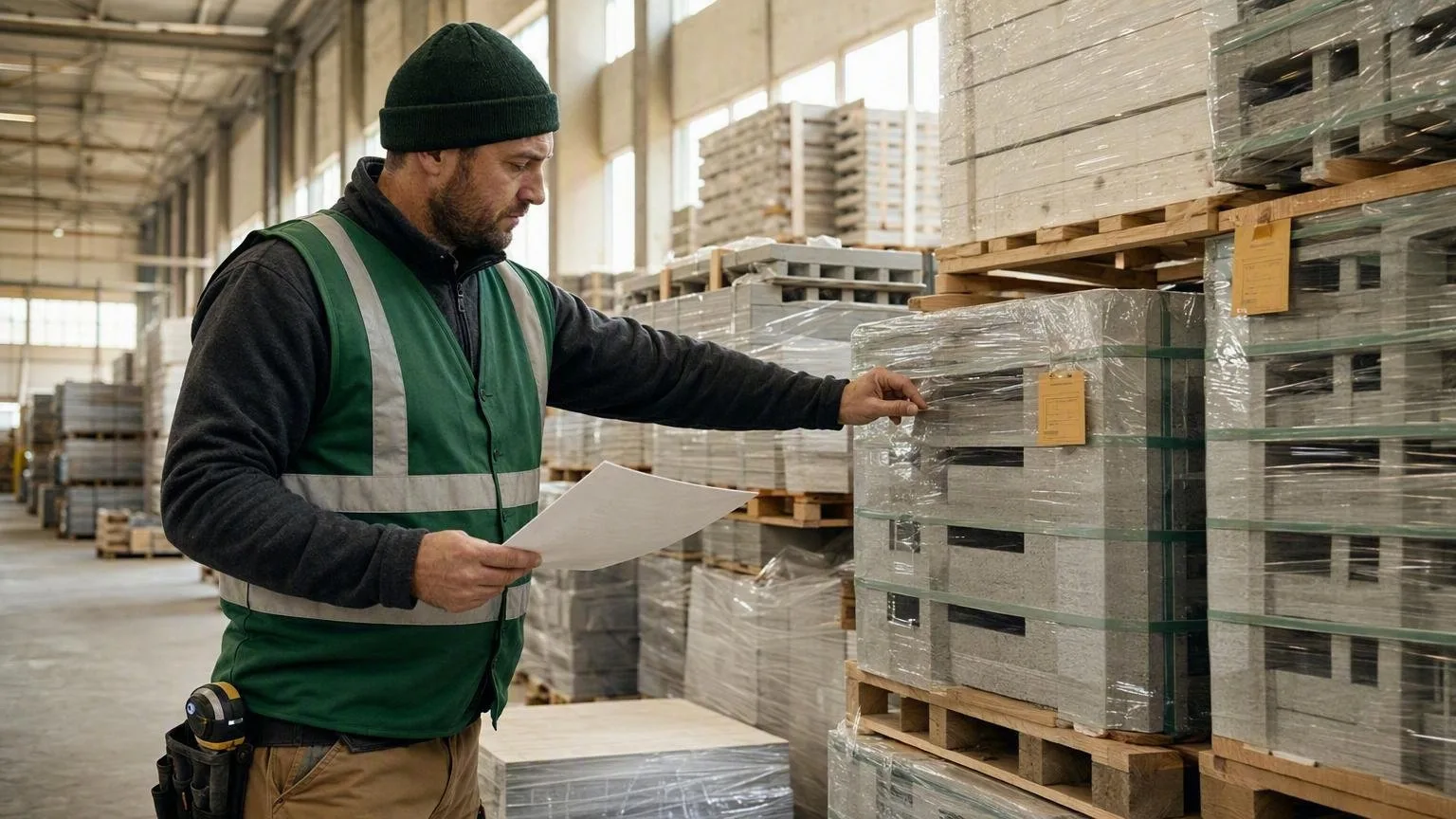 Warehouse supervisor verifying the batches for a construction materials order before dispatch to a jobsite