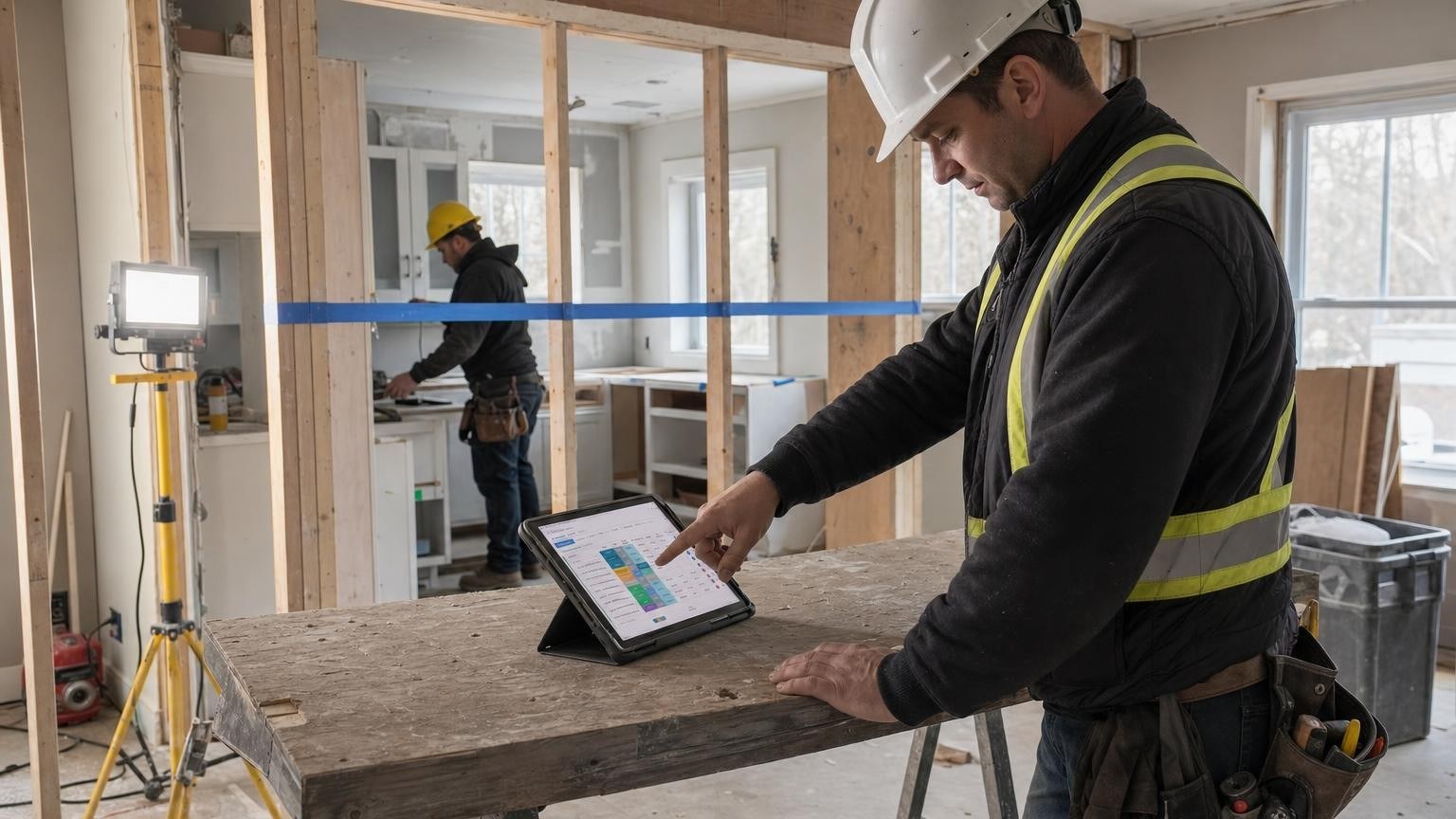 Contremaître en casque blanc devant une tablette posée sur un tréteau, dans une cuisine en rénovation où une cloison vient d'être déplacée