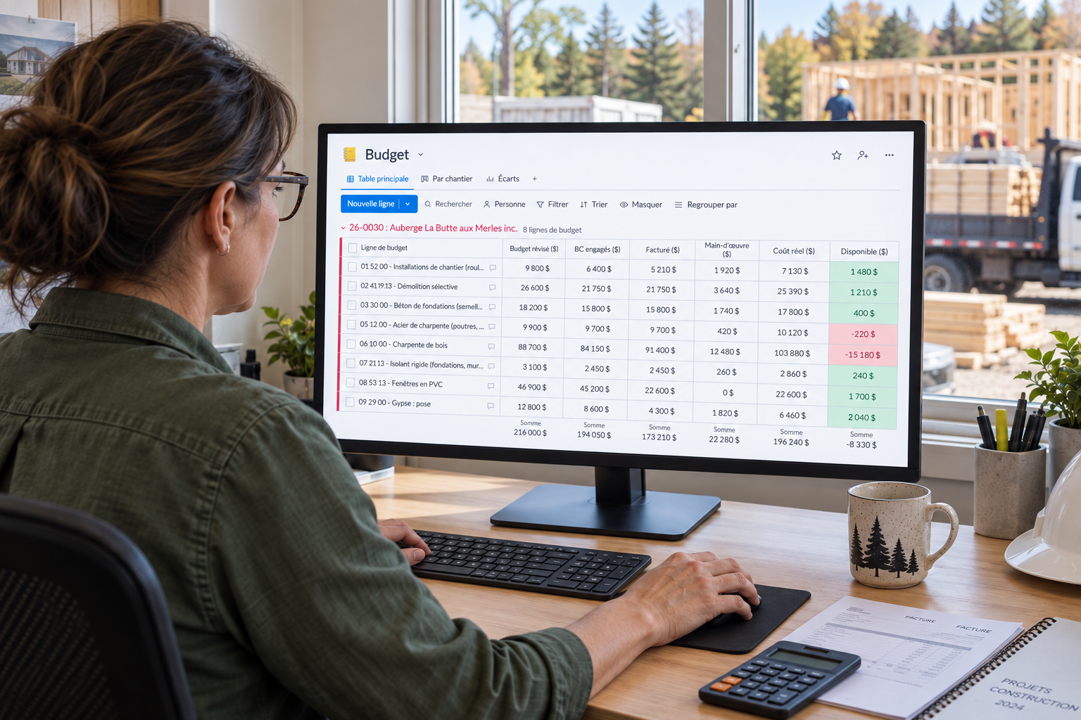 Une responsable administrative consulte le tableau Budget de Direction par Horizon dans monday.com, avec les bons de commande, les factures et le disponible, au bureau près du chantier.