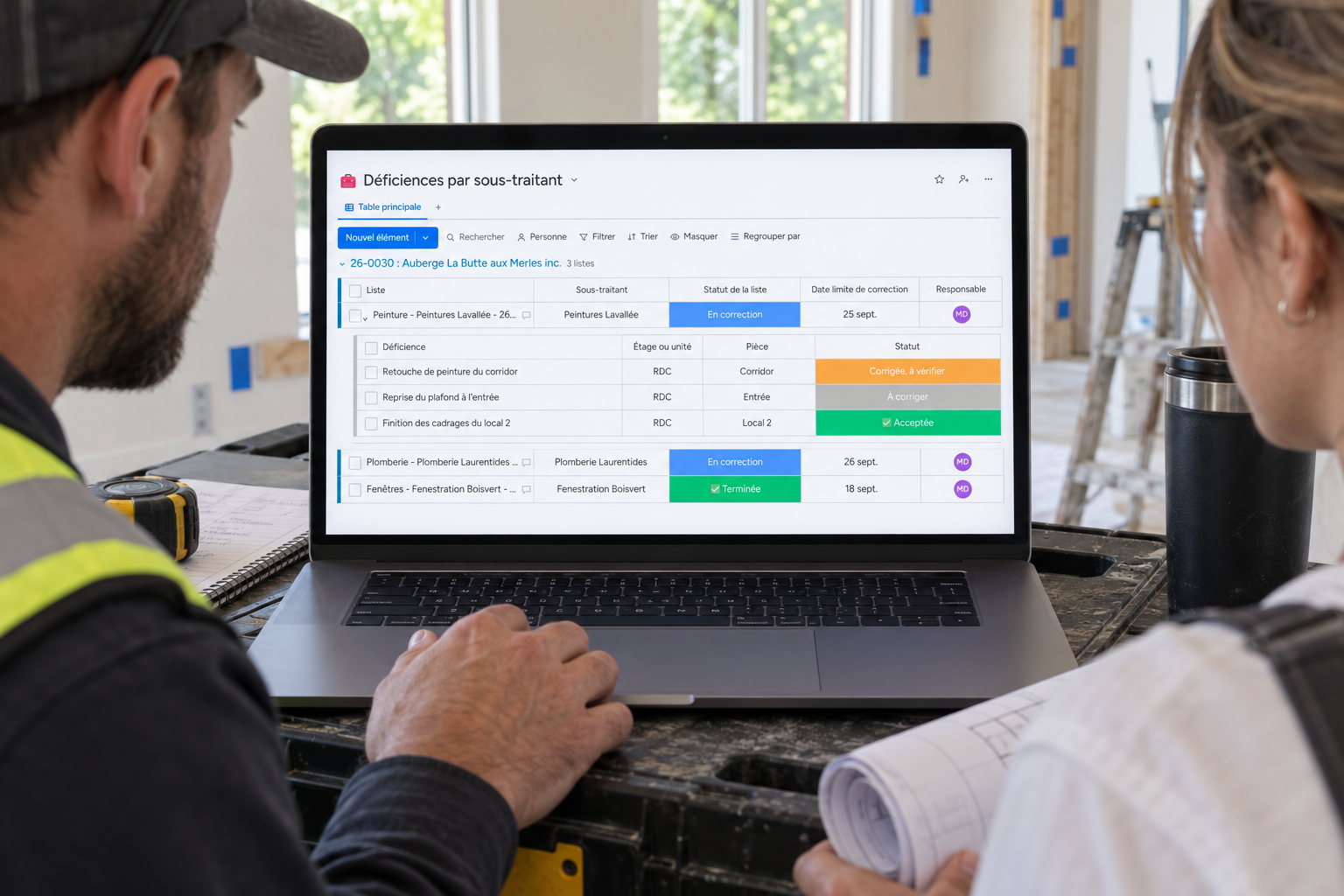 Une équipe de chantier examine les déficiences par sous-traitant de Direction par Horizon dans un bâtiment en finition.