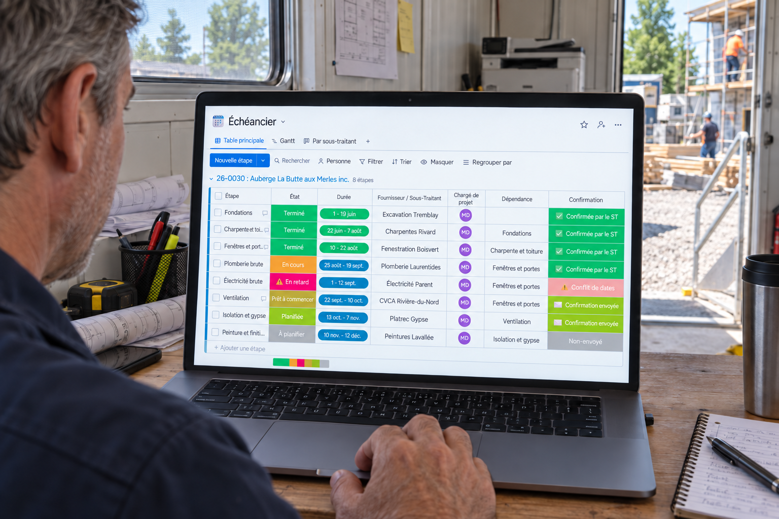 Un surintendant consulte huit étapes du chantier, leurs dates, leurs dépendances et les confirmations des sous-traitants dans Direction par Horizon.