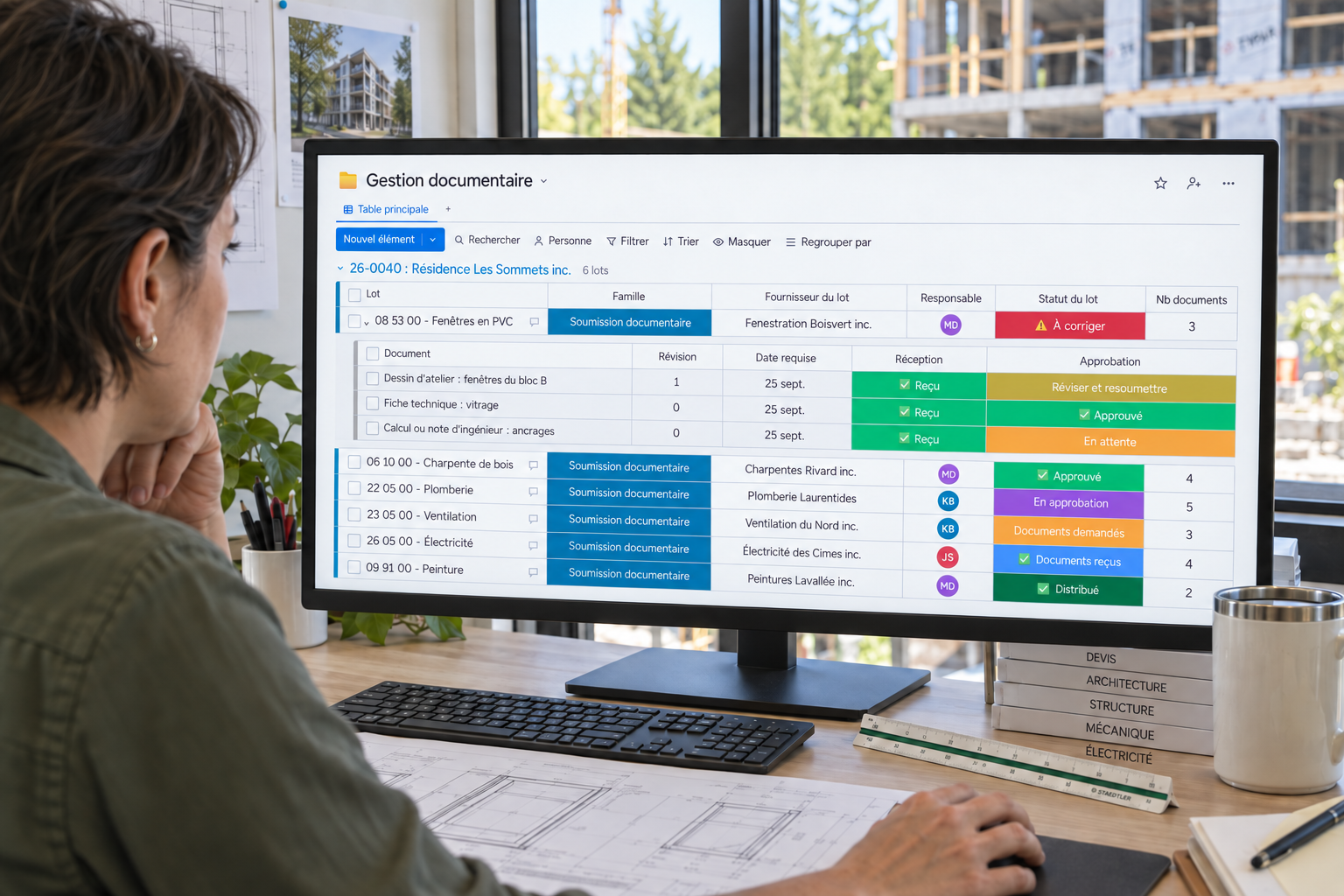 Une coordonnatrice consulte les documents et leurs approbations dans Direction par Horizon au bureau de projet.