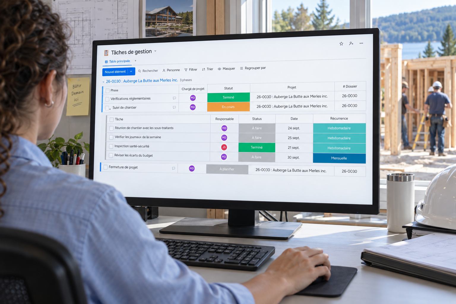 Une adjointe de projet suit les responsabilités et les échéances du module Tâches de gestion de Direction par Horizon.