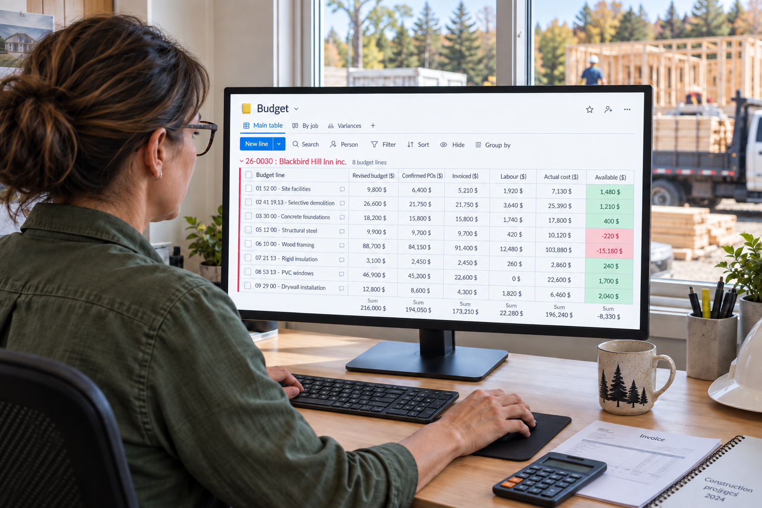 An administrator reviews the Budget board in Direction par Horizon on monday.com, with purchase orders, invoices and available amounts, in an office near the job site.