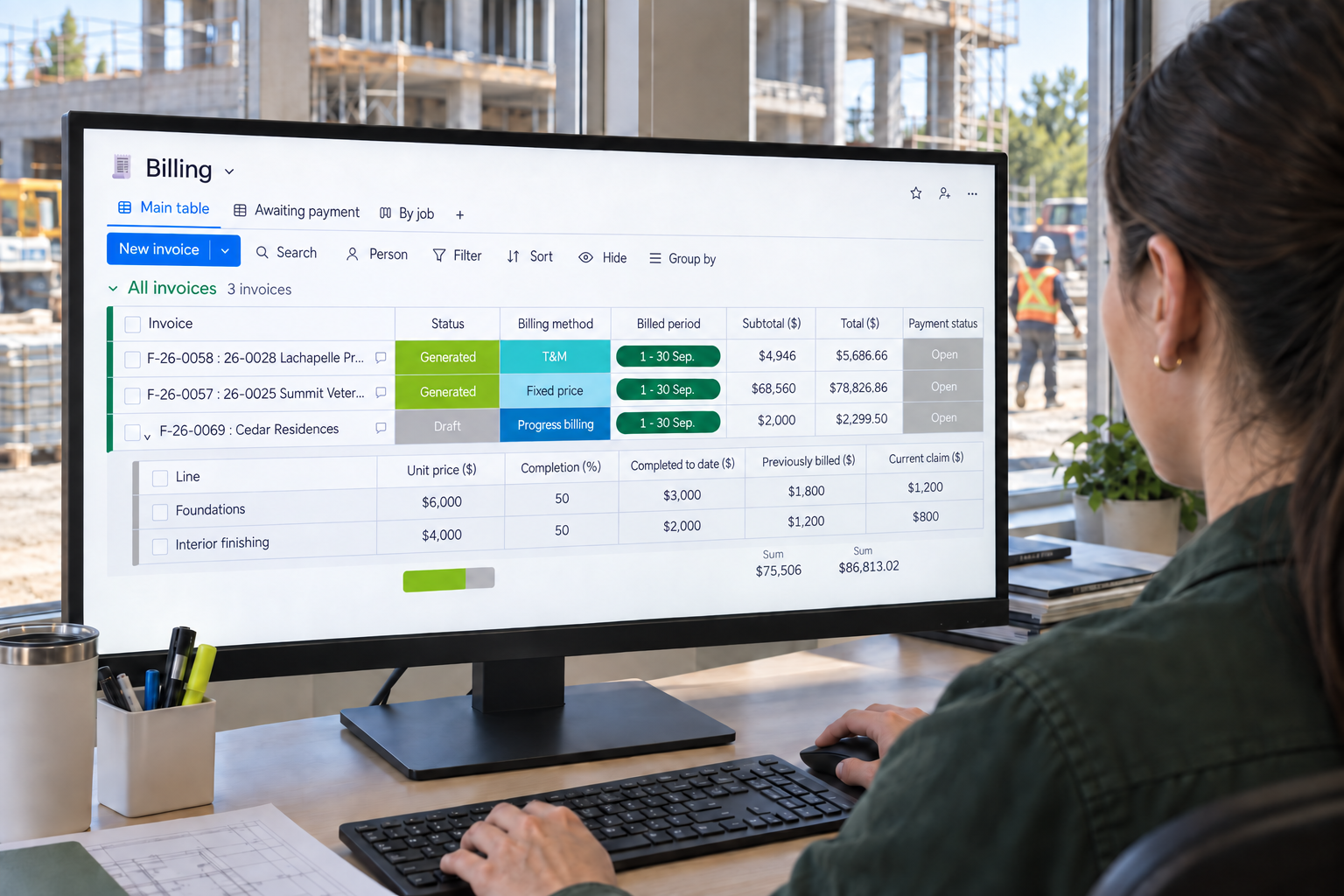 A project manager prepares fixed-price, progress and time and materials billing in Direction par Horizon.