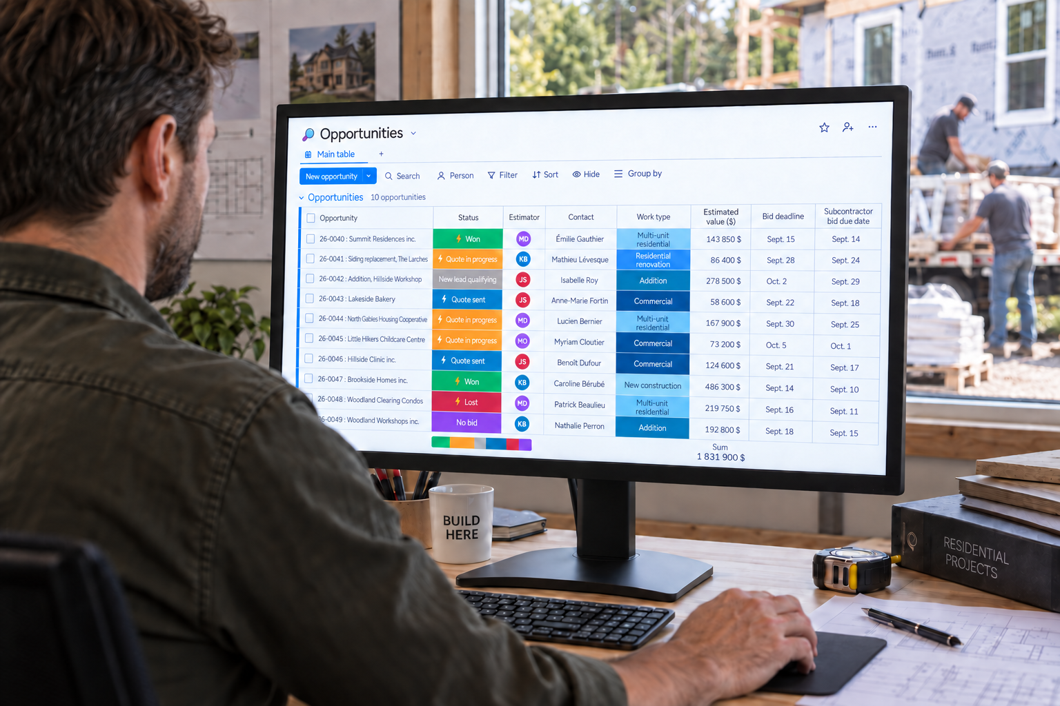A contractor reviews ten work requests, their owners, estimated values and deadlines in the Opportunity module of Direction par Horizon.
