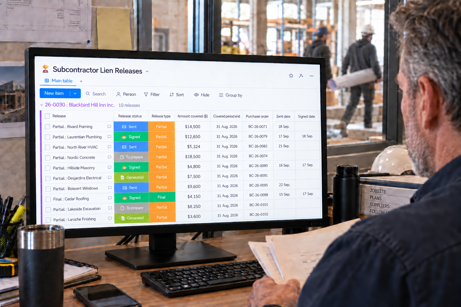 An administrator reviews subcontractor lien releases in Direction par Horizon, with ten records shown on screen.