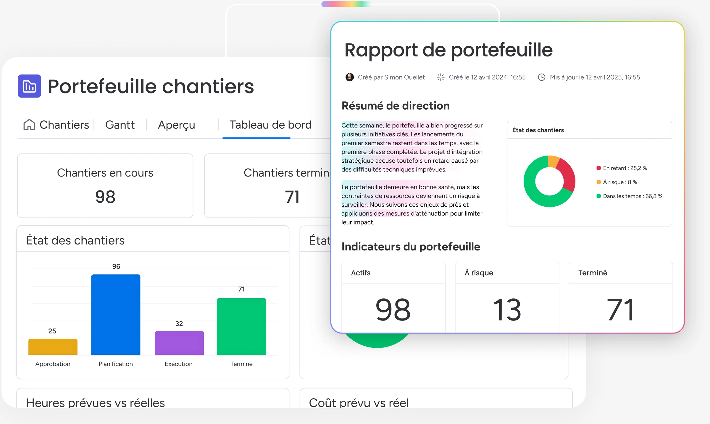 Tableau de bord des coûts dans monday.com : coût prévu contre réel, état des chantiers et rapport de portefeuille