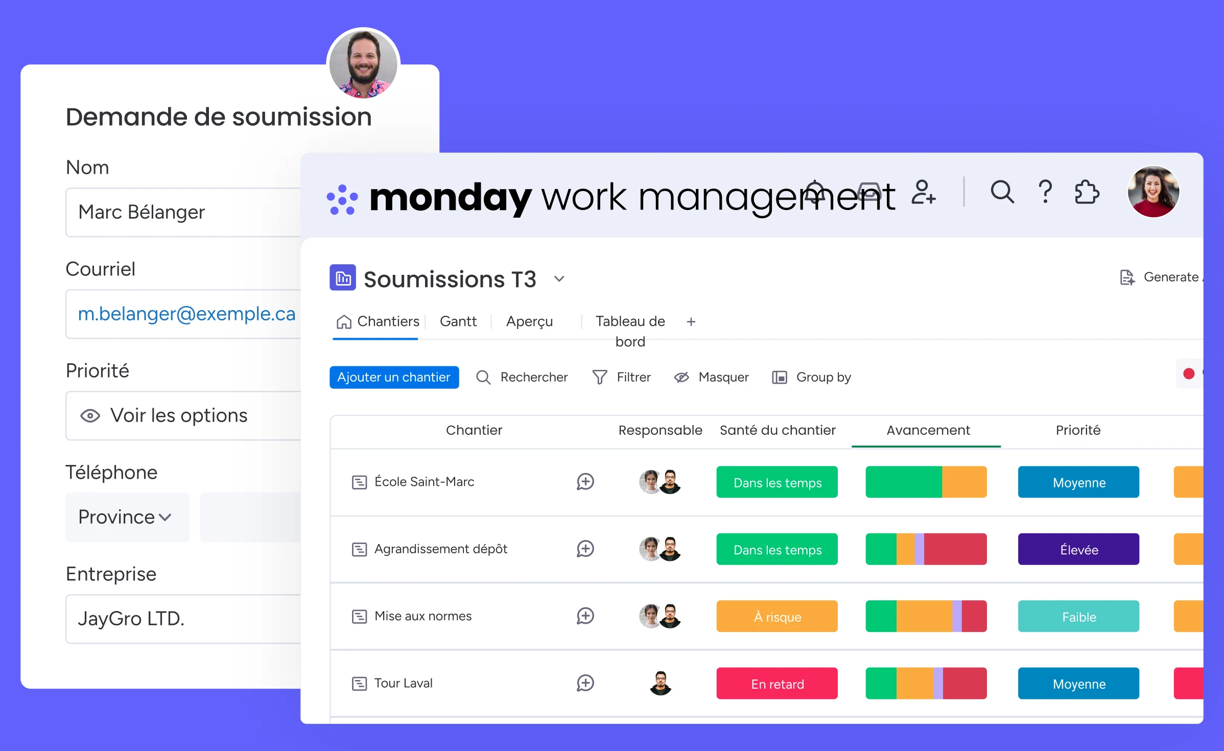 Formulaire de demande de soumission relié à un tableau de dossiers dans monday.com