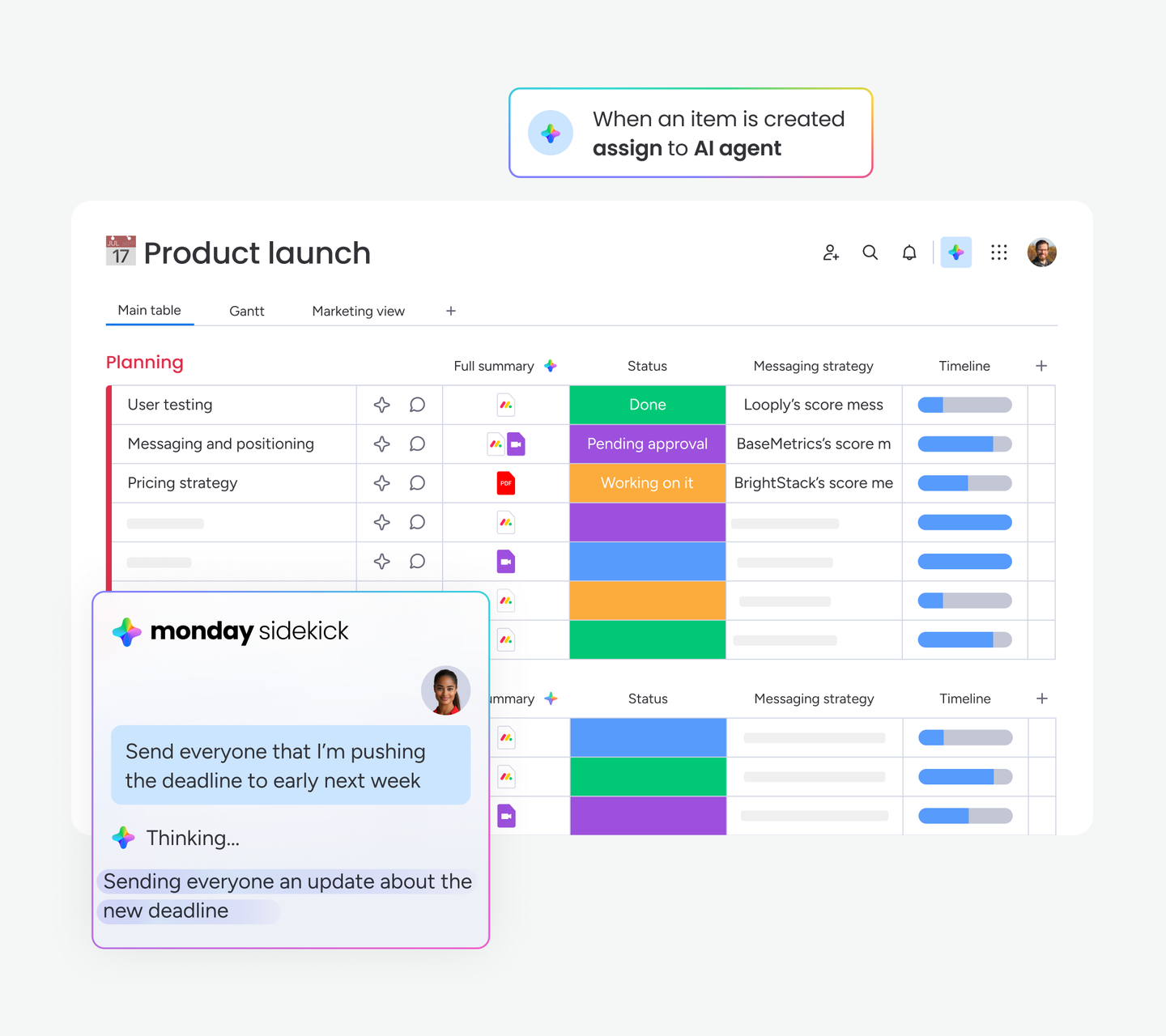 A team collaborates in a monday.com board while Sidekick prepares a schedule update