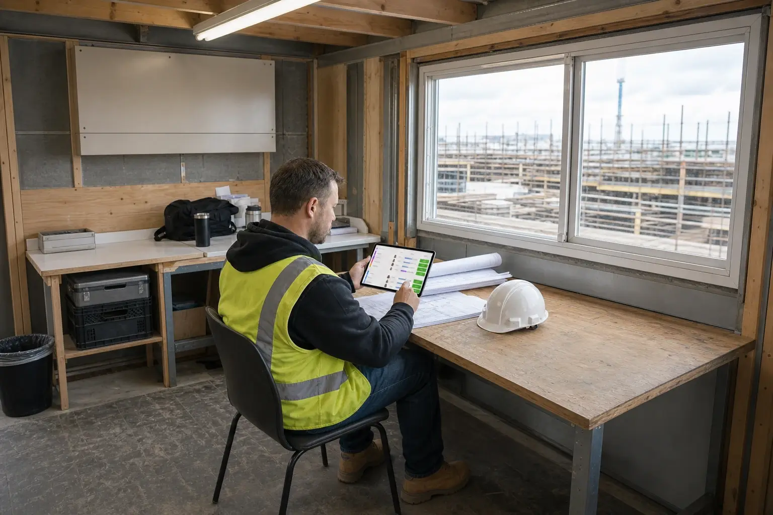 Coordonnateur de chantier dans une roulotte de chantier, consultant l'échéancier du projet sur tablette