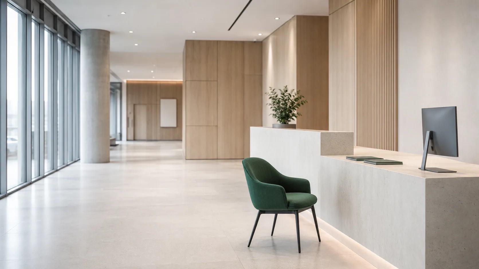Bright municipal building lobby with a service counter